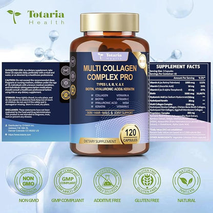 18-in-1 Collagen Pro with Hyaluronic Aicd, Keratin, Biotin, VIT A C & E for Skin, Hair, Nails, Joint & Beauty - Multi Collagen Peptides Capsules with Type I II III V & X for Women & Men - 120 Caps