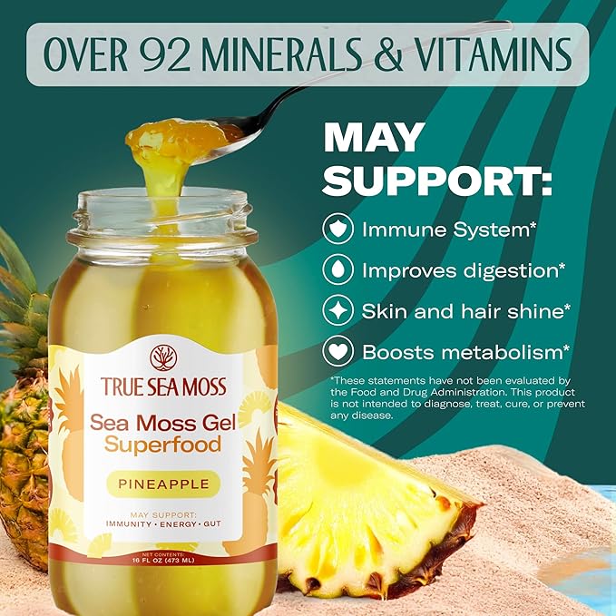 TrueSeaMoss Sea Moss Gel – Made in USA – Wildcrafted Seamoss, Fresh Fruits & Sea Vegetables – Pineapple, Pack of 1 (Labels may Vary)
