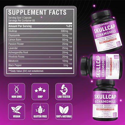 Skullcap Capsules with Skullcap, Chamomile, Lemon Balm and More - 120 Capsules for 4 Months Supply (Pack of 2)