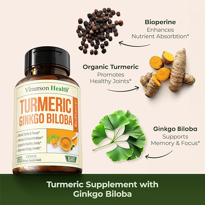 Turmeric Curcumin Supplement with Ginkgo Biloba & Black Pepper – Natural Turmeric Supplement with Organic Tumeric for Joint Support, Brain Clarity, Focus & Memory – Vegan, 180 Ginko Biloba Capsules