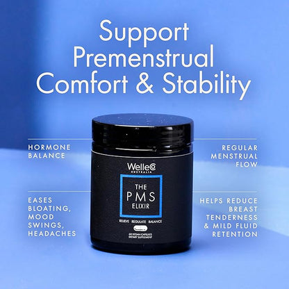 WelleCo The PMS Elixir Premenstrual Support Supplement for Women, Magnesium and Ashwagandha Capsules with Iron, Iodine, Broccoli Sprouts, Vitex, Chromium & B Vitamins, Vegan & Gluten Free, 60 Capsules