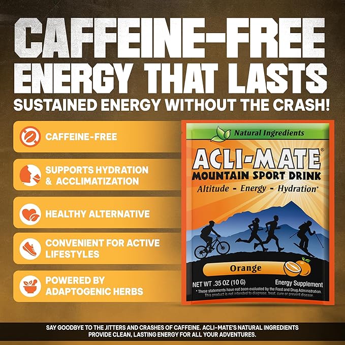 Acli-Mate Mountain Sport Drink Mix - Energy Powder Supplement - High Altitude Acclimatization Hydration - Recovery Drink for Running, Cycling, Hiking, Workout, Skiing, Travel & More (30 CT, Orange)
