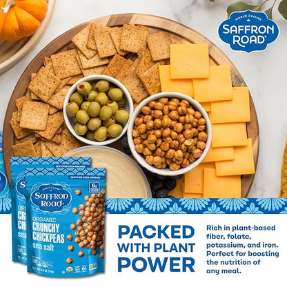 Saffron Road Roasted and Crunchy Sea Salt Chickpeas | High Protein Snacks | Certified Organic, Gluten-free, Vegan, Non-GMO, and Certified Halal and Kosher | 5.4oz Pouch | Pack of 6