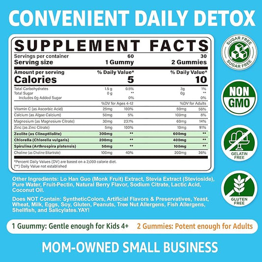 Zeolite Gummies for Kids & Adults, Sugar Free Zeolite Detox Supplements w/ Chlorella, Spirulina, Minerals, Choline - Gentle Body Detox & Cleanse, Gut Health, Immune, Focus, Energy, Bone, Vegan, 60cts