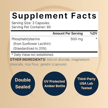 Ultra Strength Phosphatidylserine Supplement 500mg Per Serving, 240 Capsules | Soy Free, Derived from Sunflower Lecithin – Supports Cognitive Health and Brain Function – Non-GMO