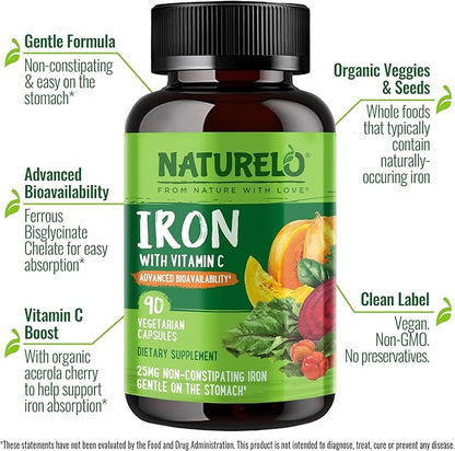 NATURELO Vegan Iron Supplement with Vitamin C and Organic Whole Foods - Gentle Iron Pills for Women & Men with Iron Deficiency Including Pregnancy, Anemia and Vegan Diets - 90 Mini Capsules