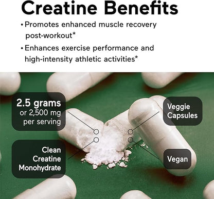 SMARTERNUTRITION Creatine Monohydrate Pills with 2500mg (2.5g) Per Serving, Vegan Capsules - Pre & Post Workout Recovery Support, Promotes Muscle Mass &. Endurance - 60 Count[30-Day Supply]