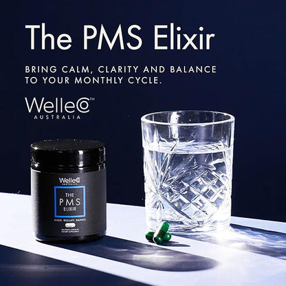WelleCo The PMS Elixir Premenstrual Support Supplement for Women, Magnesium and Ashwagandha Capsules with Iron, Iodine, Broccoli Sprouts, Vitex, Chromium & B Vitamins, Vegan & Gluten Free, 60 Capsules