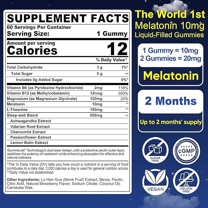 2 Pack Sugar Free Melatonin Gummies 10mg 20mg Magnesium Glycinate Melatonin for Adults, Ashwagandha, L-Theanine, B6, B12, Lemon Balm and Chamomile for Deep Relaxation, Antioxidant, Vegan,120 Day