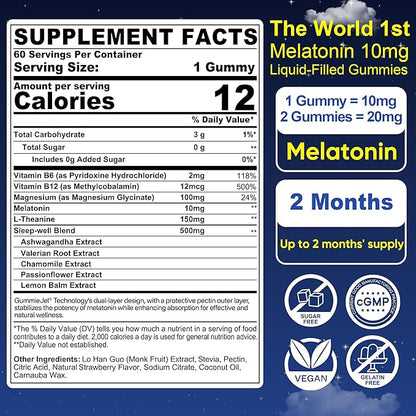 2 Pack Sugar Free Melatonin Gummies 10mg 20mg Magnesium Glycinate Melatonin for Adults, Ashwagandha, L-Theanine, B6, B12, Lemon Balm and Chamomile for Deep Relaxation, Antioxidant, Vegan,120 Day