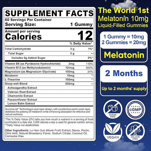 2 Pack Sugar Free Melatonin Gummies 10mg 20mg Magnesium Glycinate Melatonin for Adults, Ashwagandha, L-Theanine, B6, B12, Lemon Balm and Chamomile for Deep Relaxation, Antioxidant, Vegan,120 Day