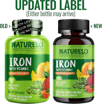 NATURELO Vegan Iron Supplement with Vitamin C and Organic Whole Foods - Gentle Iron Pills for Women & Men with Iron Deficiency Including Pregnancy, Anemia and Vegan Diets - 90 Mini Capsules