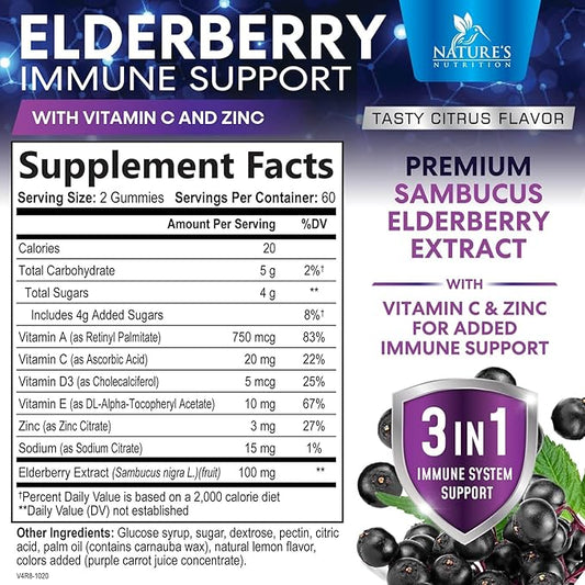 Sambucus Elderberry Immune Support Gummies for Kids & Adults, Elderberry Extract Gummy with Vitamins with Vitamin C, D3, Zinc, Immune Health Support Gummy Supplement, Black Elder Berry - 120 Gummies
