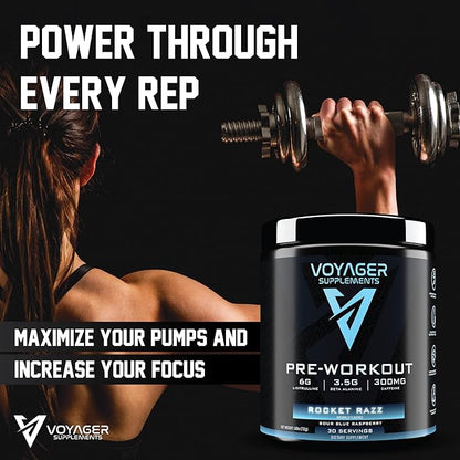 Voyager Pre-Workout Rocket Razz – Creatine-Free Powder w/L-Citrulline, Beta-Alanine, Caffeine – Supports Energy, Endurance & Focus – 30 Servings – No Artificial Fillers – GMP Certified