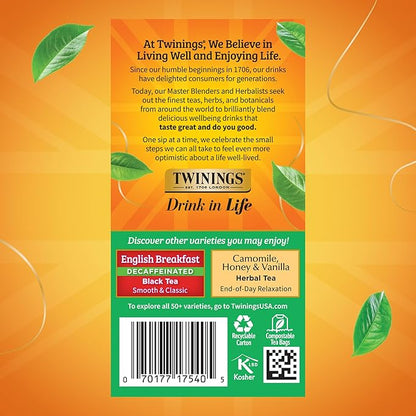 Twinings Decaffeinated Irish Breakfast Black Tea Individually Wrapped Bags, 20 Count (Pack of 6), Flavourful, Robust, Enjoy Hot or Iced, 120 Teabags