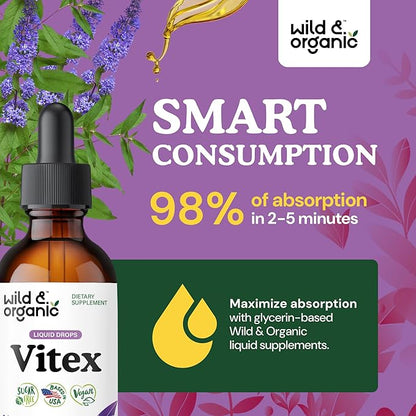 Wild & Organic Vitex Tincture - Vitex Chasteberry Supplement for Women - Liquid Chaste Tree Supplement for Mood Support - Vegan, Sugar & Alcohol-Free Berry Extract Drops - 2 fl oz