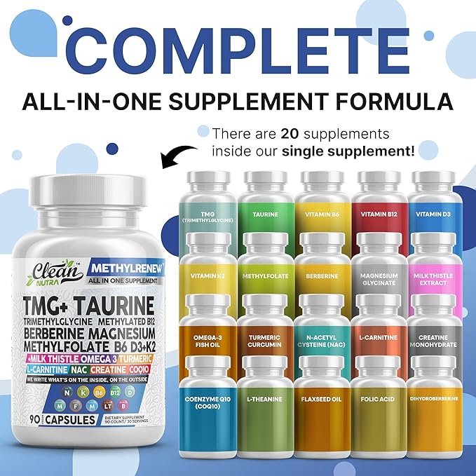 Clean Nutra Methylated Multivitamin for Women Men TMG Taurine Supplement + B6 Vitamins, B12, D3 K2, Magnesium Methylfolate Milk Thistle Omega 3 Turmeric NAC L Carnitine Creatine COQ10 B Complex Caps
