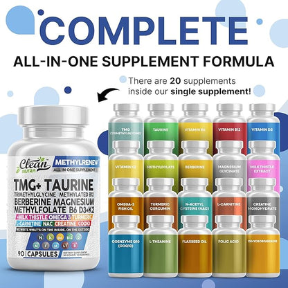 Clean Nutra Methylated Multivitamin for Women Men TMG Taurine Supplement + B6 Vitamins, B12, D3 K2, Magnesium Methylfolate Milk Thistle Omega 3 Turmeric NAC L Carnitine Creatine COQ10 B Complex Caps