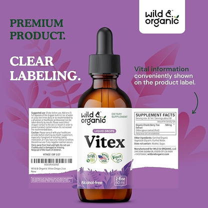 Wild & Organic Vitex Tincture - Vitex Chasteberry Supplement for Women - Liquid Chaste Tree Supplement for Mood Support - Vegan, Sugar & Alcohol-Free Berry Extract Drops - 2 fl oz