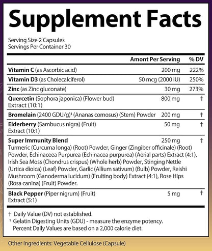 Quercetin with Bromelain, Elderberry, Vitamin C, D3 and Zinc. Super Immune Support Supplement. Organic Complex for Men & Women, Non-GMO, Gluten-Free, Vegan, USA