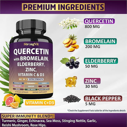 Quercetin with Bromelain, Elderberry, Vitamin C, D3 and Zinc. Super Immune Support Supplement. Organic Complex for Men & Women, Non-GMO, Gluten-Free, Vegan, USA