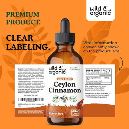 Wild & Organic Ceylon Cinnamon Tincture 500 mg - Liquid Cinnamon Supplements for Overall Support - Cinnamomum Verum Bark Extract - Vegan, Sugar & Alcohol-Free, Non-GMO - 4 fl oz