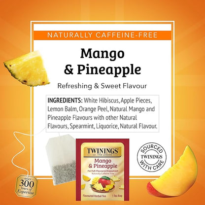 Twinings Mango & Pineapple Herbal Tea Individually Wrapped Bags, 20 Count (Pack of 1), Naturally Caffeine-Free, Enjoy Hot or Iced, 20 Teabags