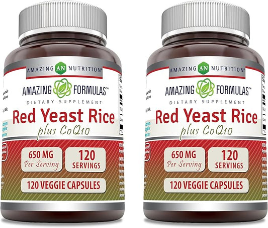 Amazing Formulas Red Yeast Rice 600 Mg Plus Coq-10, 50 Mg 120 Veggie Capsules Supplement | Non-GMO | Gluten Free | Made in USA (2 Pack)