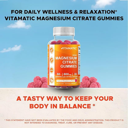 Vitamatic Magnesium Citrate Gummies 600mg per Serving - 60 Count - Promotes Healthy Relaxation, Muscle, Bone, & Energy Support (Pack of 2)