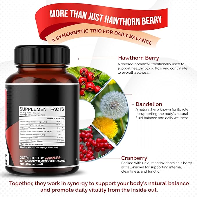 7 in 1 Ultra Hawthorn Berry with Uva Ursi Dandelion Cranberry Apple Cider Vinegar - Heart, Kinney Health Support