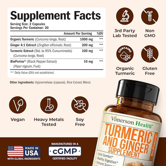 Turmeric Curcumin Supplement with Ginger for Joint Support, Digestive & Gut Health - Contains Organic Turmeric Curcumin with Black Pepper (Bioperine) for Enhanced Absorption - 60 Ginger Root Capsules