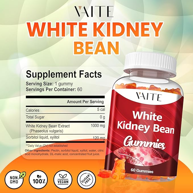 White Kidney Bean Extract 1000mg Supplement – Antioxidant Support & Daily Energy, Plant-Based Fiber from Kidney Beans, Vegan, Non-GMO, Gluten-Free, No Artificial Flavors, 60 Gummies for Men & Women