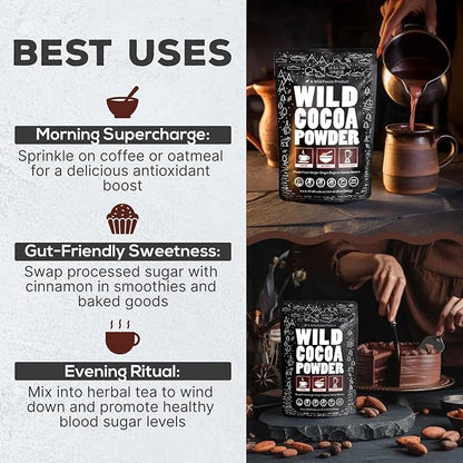 Wild Foods Organic Cocoa Powder | Single Origin Unsweetened Keto Chocolate Powder for Cooking & Baking | 100% Natural Cacao Beans | Sugar Free Non Dutch Raw Superfood | 12 oz