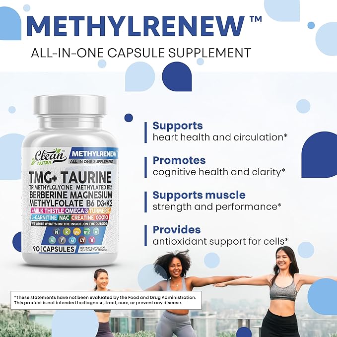 Clean Nutra Methylated Multivitamin for Women Men TMG Taurine Supplement + B6 Vitamins, B12, D3 K2, Magnesium Methylfolate Milk Thistle Omega 3 Turmeric NAC L Carnitine Creatine COQ10 B Complex Caps
