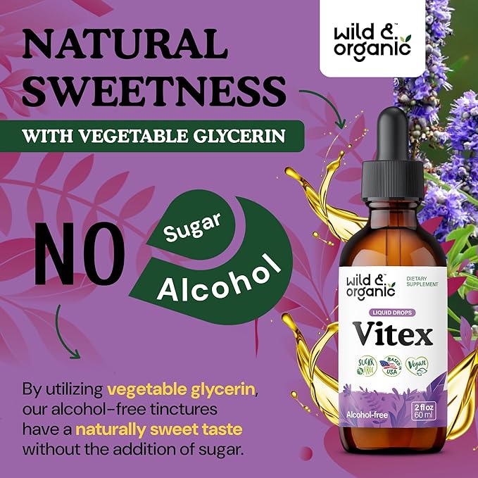 Wild & Organic Vitex Tincture - Vitex Chasteberry Supplement for Women - Liquid Chaste Tree Supplement for Mood Support - Vegan, Sugar & Alcohol-Free Berry Extract Drops - 2 fl oz