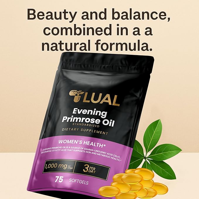Women's Health Evening Primrose Oil Softgels | Omega-6 Fatty Acid for Women's Health | Lual Evening Primrose Oil Capsules 1000mg 75 Count