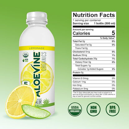 Aloe Vera Juice, No-Pulp Organic Aloe Vera Drink, Healthy Juice with Aloe Powder and Lemon Juice, 5 Calories, Low Sugar, No Artificial Ingredients, 16.9 oz, 12 Pack, Lemonade - Aloevine Organics