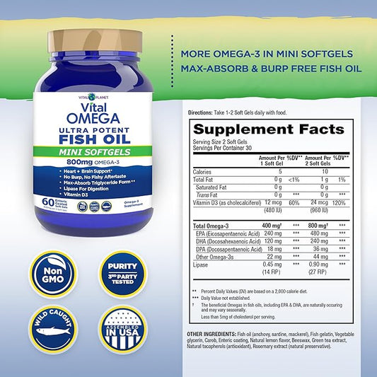 Vital Planet - Vital Omega 3 Fish Oil Mini Softgels Supplement with 800mg of High Potency Wild Caught Omega 3 Fatty Acid Supplements EPA DHA and DPA for Heart Health 60 Softgels (Packaging May Vary)