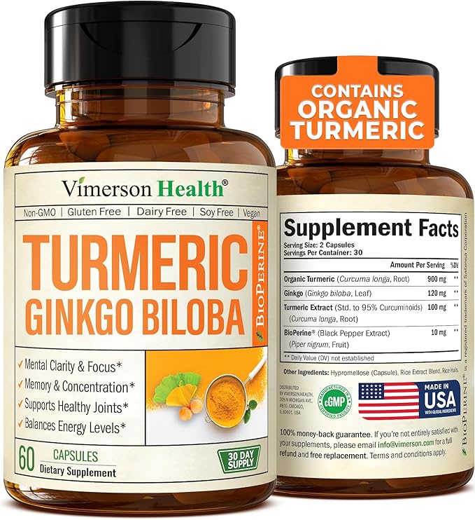 Turmeric Curcumin Supplement with Ginkgo Biloba & Black Pepper – Natural Turmeric Supplement with Organic Tumeric for Joint Support, Brain Clarity, Focus & Memory – Vegan, 60 Ginko Biloba Capsules