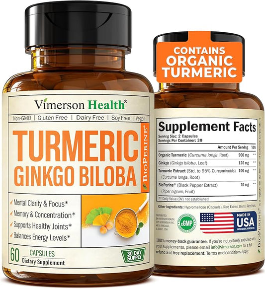 Turmeric Curcumin Supplement with Ginkgo Biloba & Black Pepper – Natural Turmeric Supplement with Organic Tumeric for Joint Support, Brain Clarity, Focus & Memory – Vegan, 60 Ginko Biloba Capsules