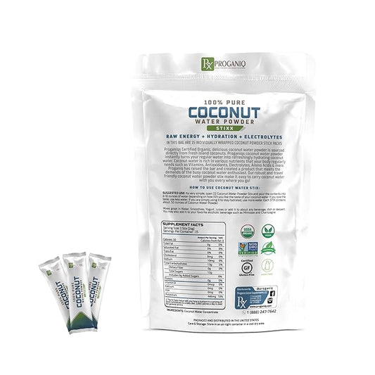 X PROGANIQ Coconut Water Powder Stixx - Pure Coconut Electrolyte Drink in Travel Size Packets - 15 Count - Turn Water into Coconut Water - Ideal for On-the-Go Hydration - Easy, Portable and Refreshing