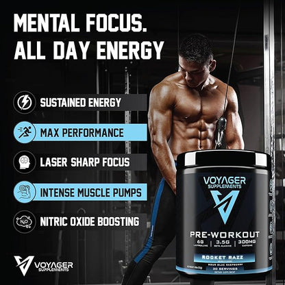 Voyager Pre-Workout Rocket Razz – Creatine-Free Powder w/L-Citrulline, Beta-Alanine, Caffeine – Supports Energy, Endurance & Focus – 30 Servings – No Artificial Fillers – GMP Certified