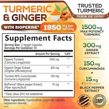 Turmeric Curcumin Supplement 1950mg - 95% Curcuminoids with Organic Turmeric & Ginger, BioPerine Black Pepper for Best Absorption, Nature's Vegan Joint Support, Non-GMO, Bottled in USA - 180 Capsules