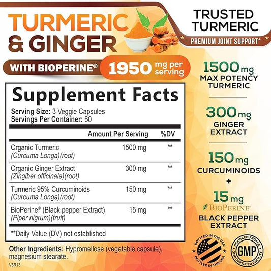 Turmeric Curcumin Supplement 1950mg - 95% Curcuminoids with Organic Turmeric & Ginger, BioPerine Black Pepper for Best Absorption, Nature's Vegan Joint Support, Non-GMO, Bottled in USA - 180 Capsules