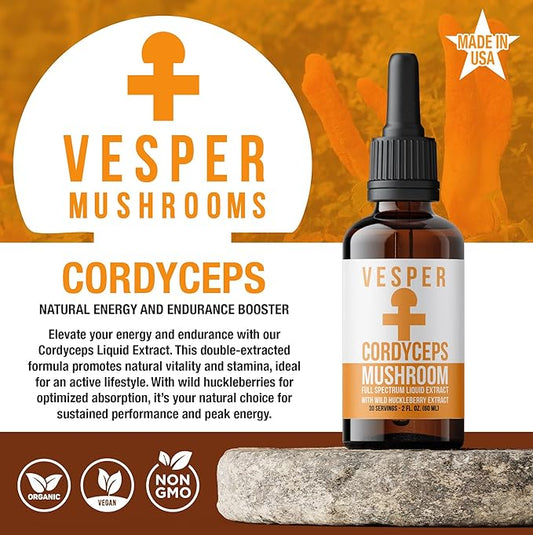 Vesper Cordyceps Mushroom Liquid Extract - Double Extraction with Wild Huckleberries for Energy, Endurance, Circulation Support, USA-Grown, for Natural Stamina & Vitality – 2oz