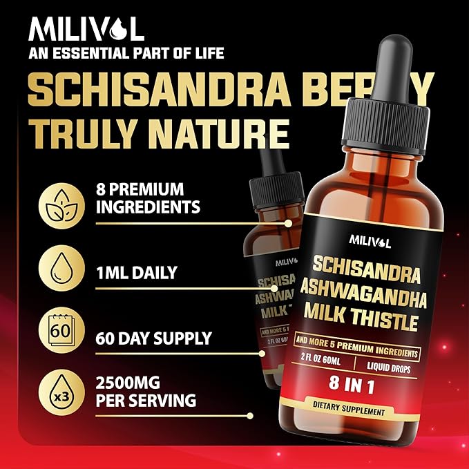 8in1 Schisandra Berry Drops with Milk Thistle, Ashwagandha, Rhodiola Rosea, Holy Basil, Artichoke, Dandelion Root & Turmeric Curcumin - 2 Fl Oz for 2 Month Supply