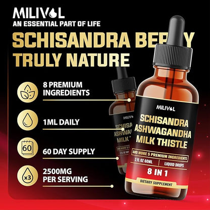 8in1 Schisandra Berry Drops with Milk Thistle, Ashwagandha, Rhodiola Rosea, Holy Basil, Artichoke, Dandelion Root & Turmeric Curcumin - 2 Fl Oz for 2 Month Supply