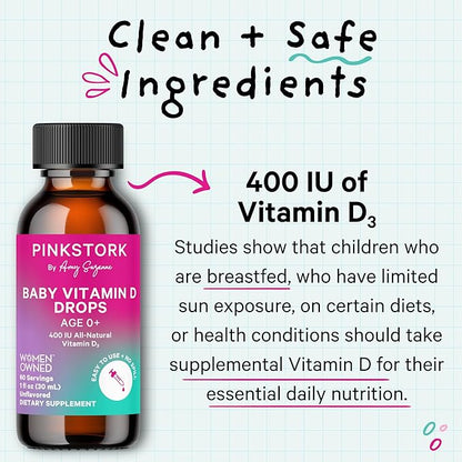 Pink Stork Baby Liquid Vitamin D Drops for Infants, 400 IU Vitamin D3 for Newborns and Kids to Help Support Bone Development and Healthy Immune Function - 1 fl oz, 2 Month Supply