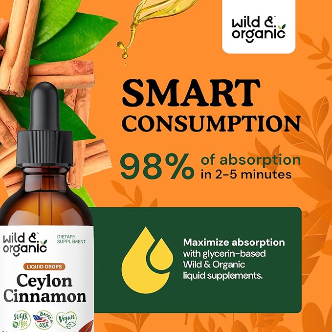 Wild & Organic Ceylon Cinnamon Extract Liquid Drops 500mg - Liquid Cinnamon Supplements for Overall Support - Cinnamomum Verum Bark Tincture - Vegan, Sugar & Alcohol-Free, Non-GMO - 2 fl oz