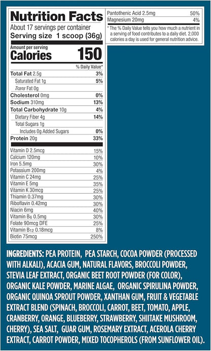 Vega Essentials Vegan Protein Powder Chocolate (17 Servings) - Superfood Ingredients, Vitamins, Antioxidants, Low Carb, Dairy Free Pea Protein for Women & Men 1.4lbs (Packaging May Vary)